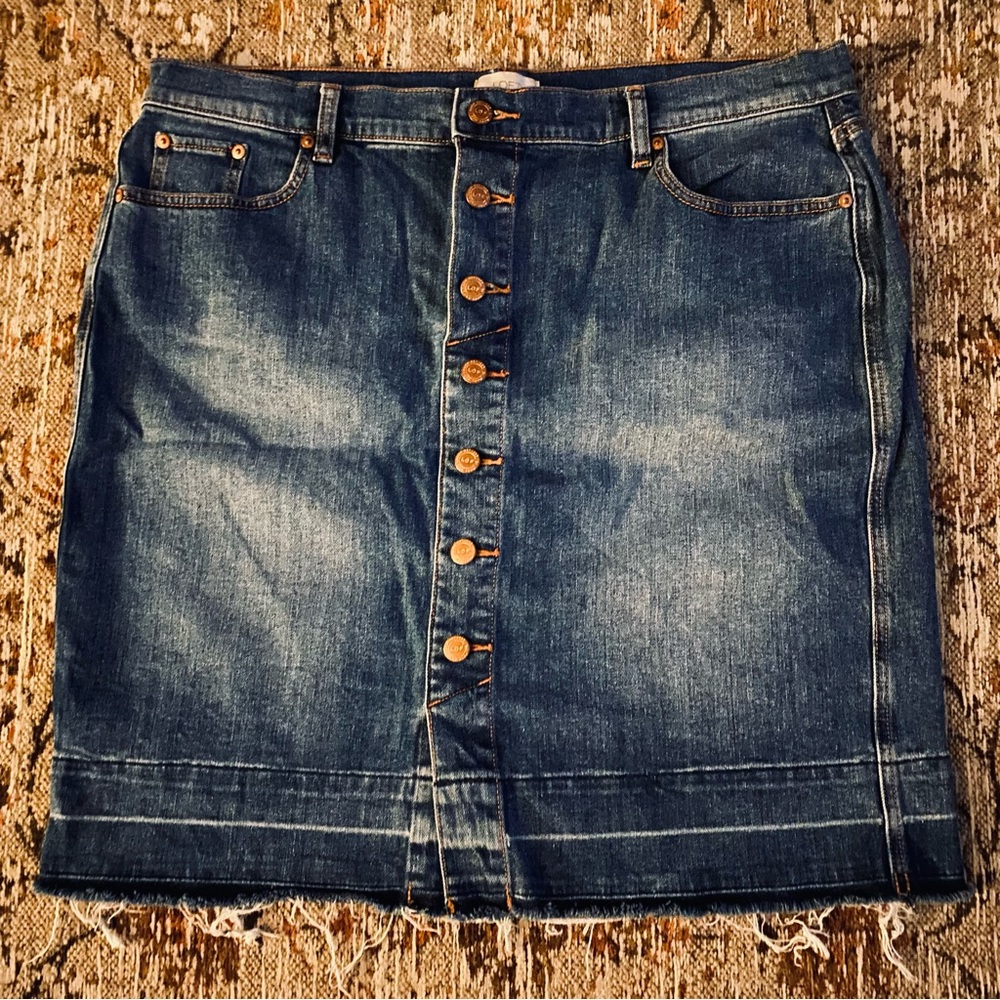 Loft Denim Skirt 14 Button Fly Raw Edge Blue Jean